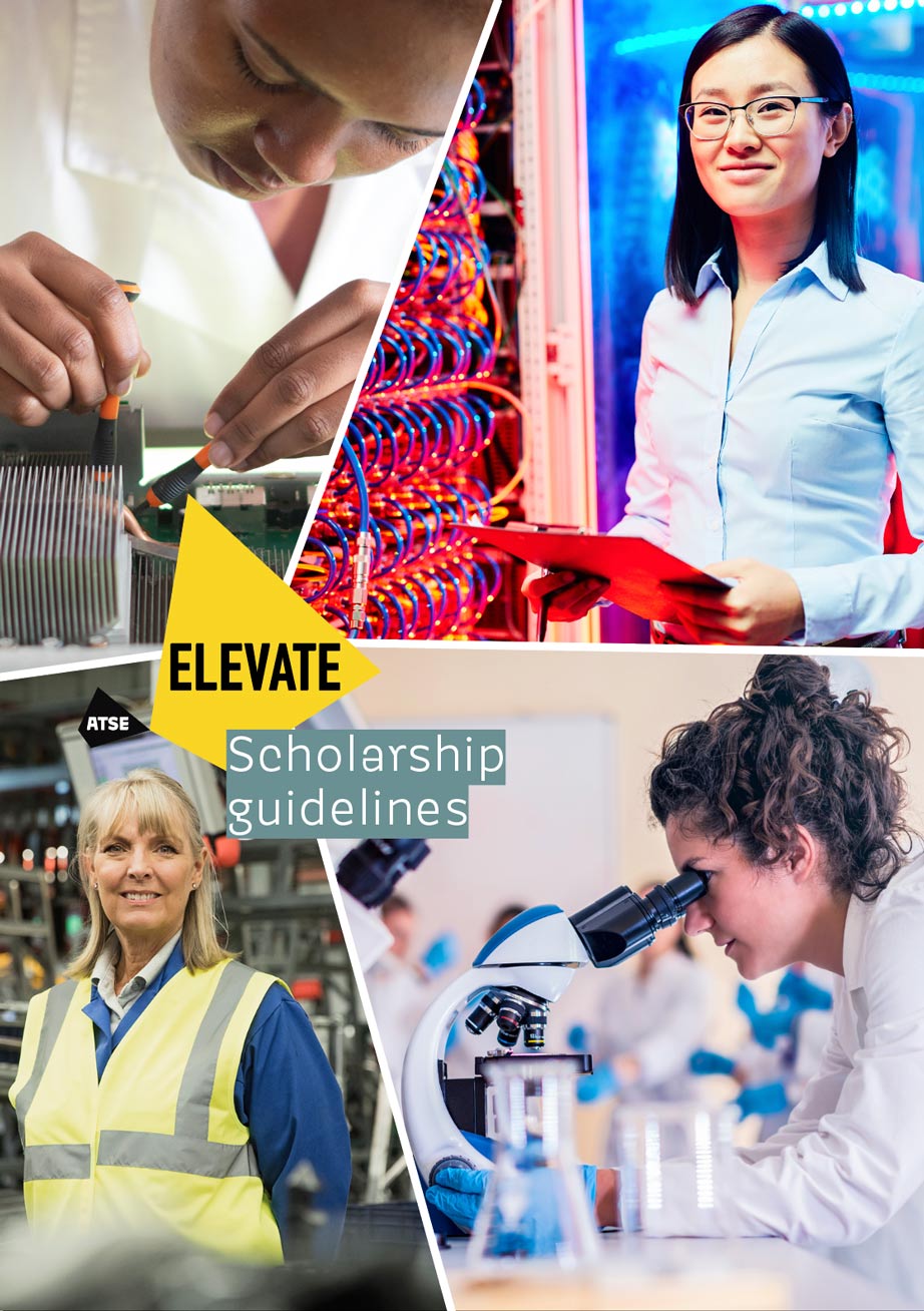 Cover of Elevate Scholarship Guidelines showing women in different science, technology and engineering occupations