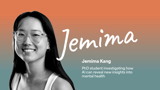 Black and white headshot of a young woman with the name Jemima next to it in cursive script, all over an orange to blue gradient background.